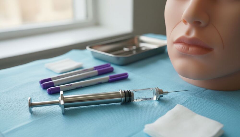 Cabeça de manequim com seringa e materiais médicos