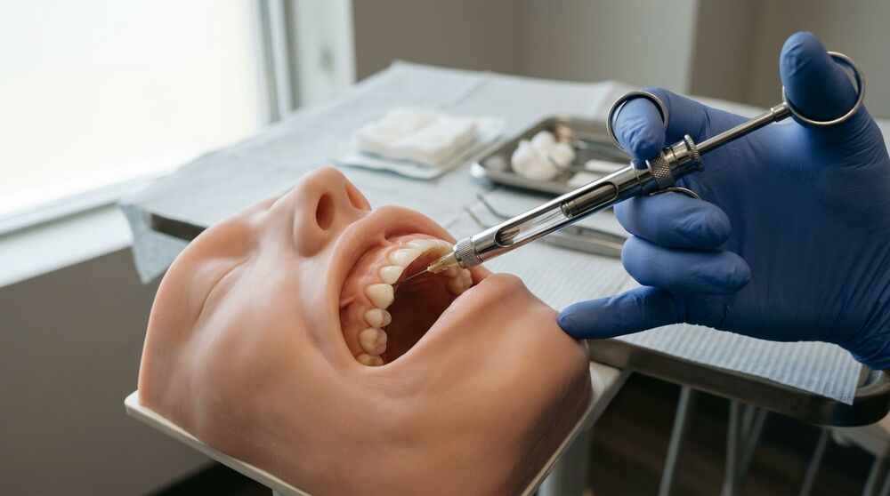 Modelo de boca recebendo anestesia dental