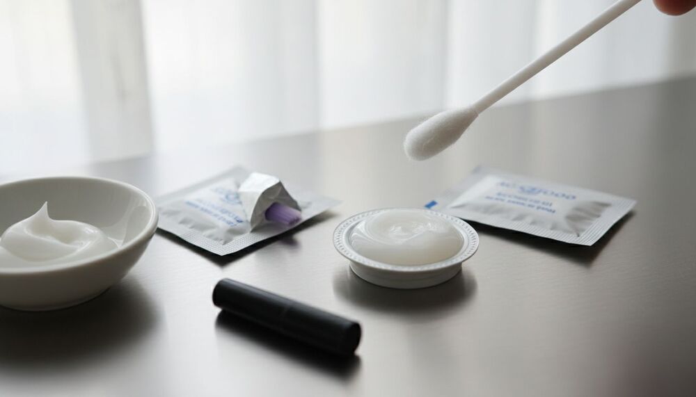 Produtos de cuidados com a pele e cotonete