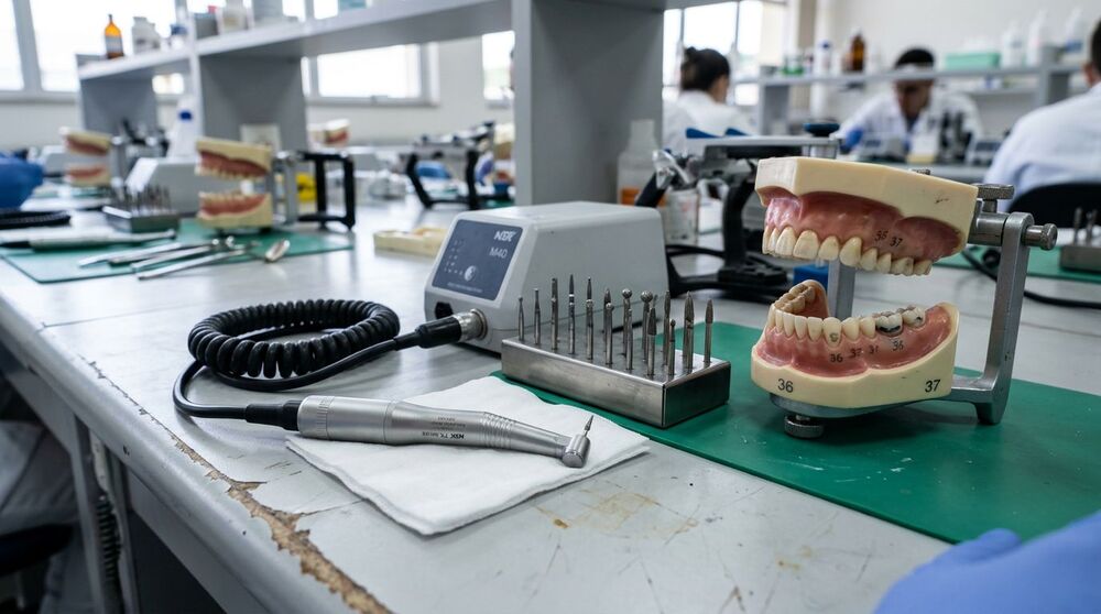 Equipamentos e modelos de dentística em laboratório