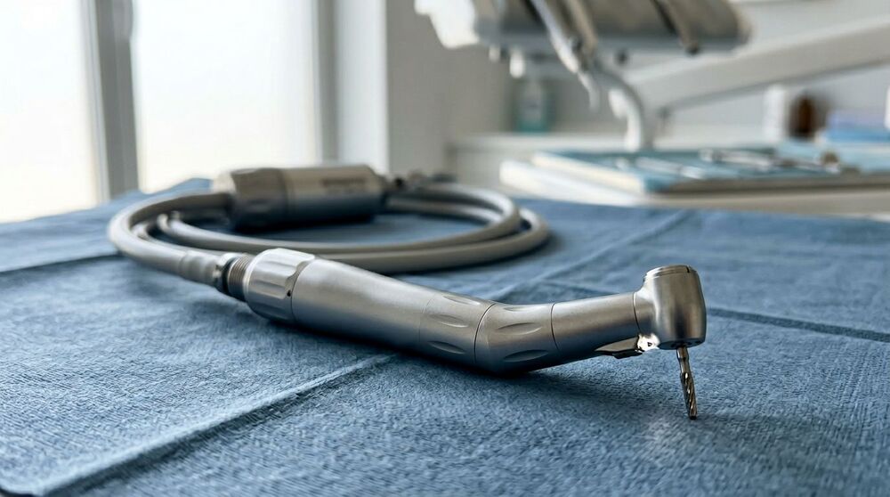 Peça de mão dental sobre uma mesa azul.