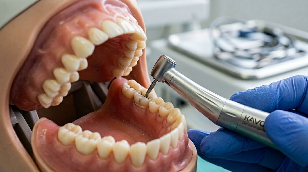 Modelo de boca sendo tratado por dentista