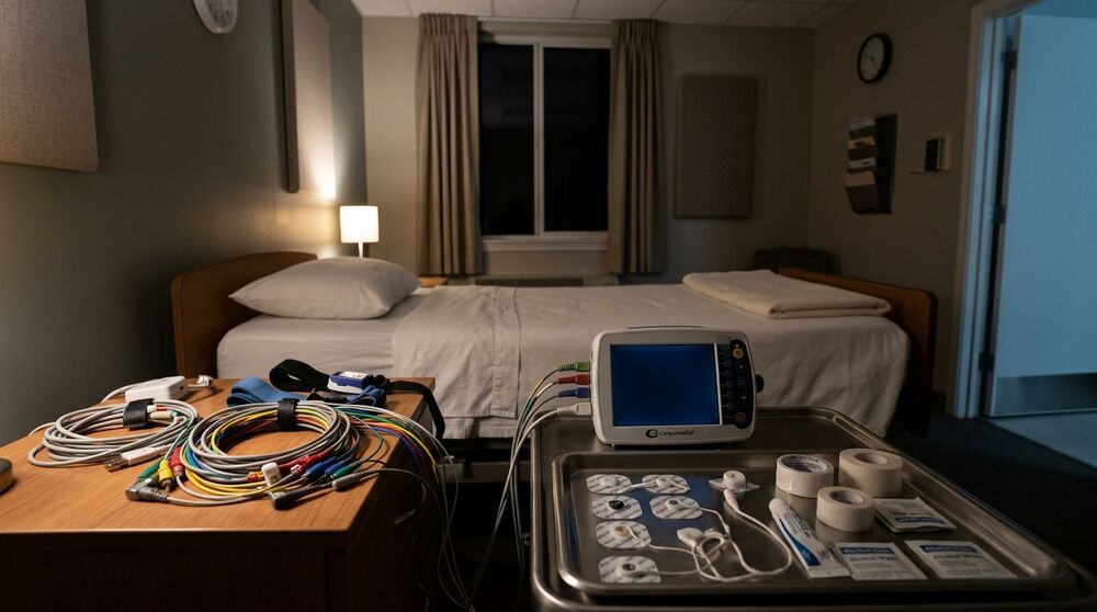 Cama de hospital com equipamentos médicos e monitores