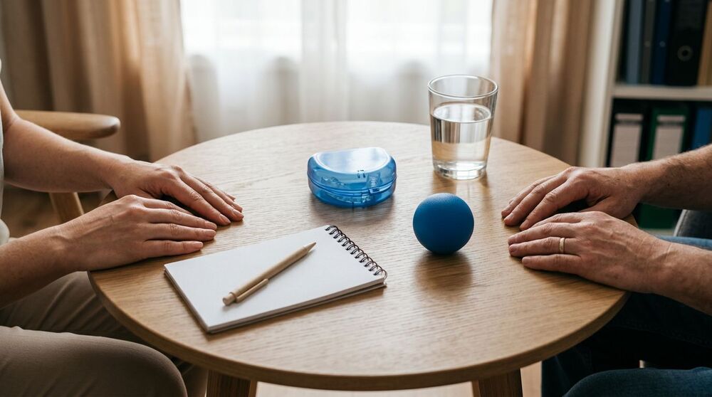 Mãos sobre mesa com caderno e bola azul.