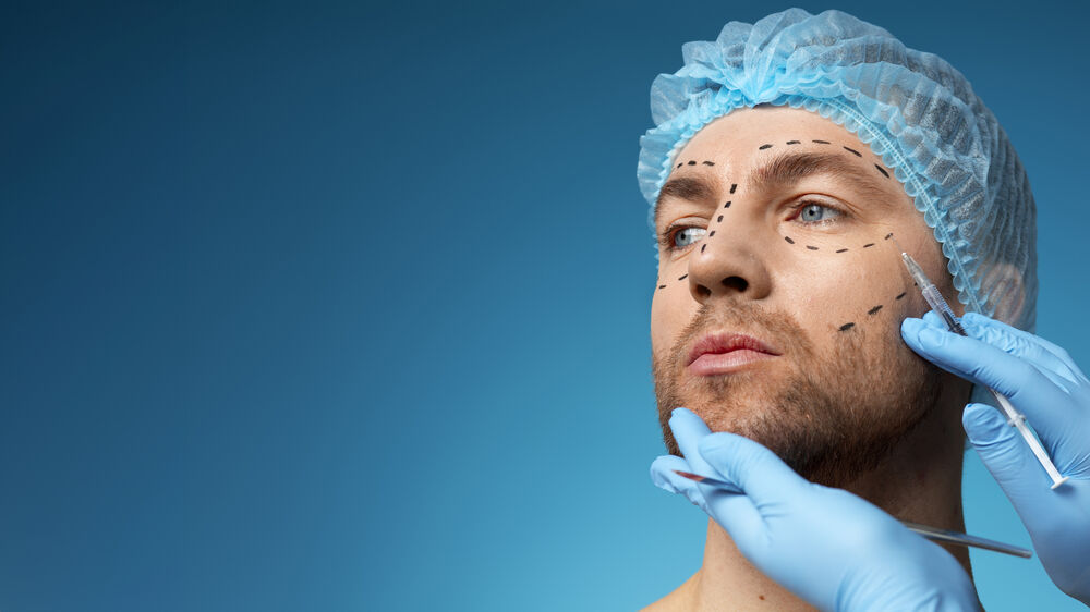 Homem com marcações faciais para procedimento estético