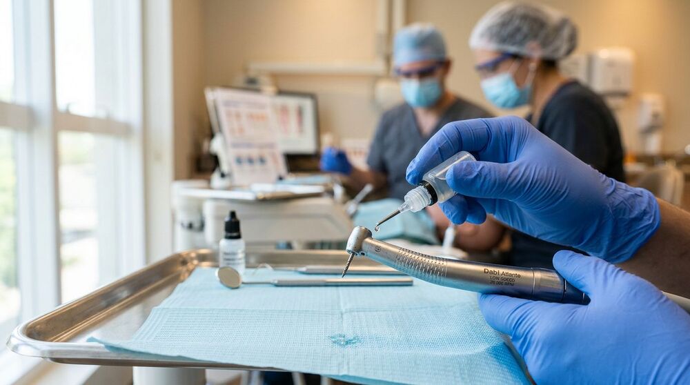 Dentista utilizando equipamento odontológico em consulta