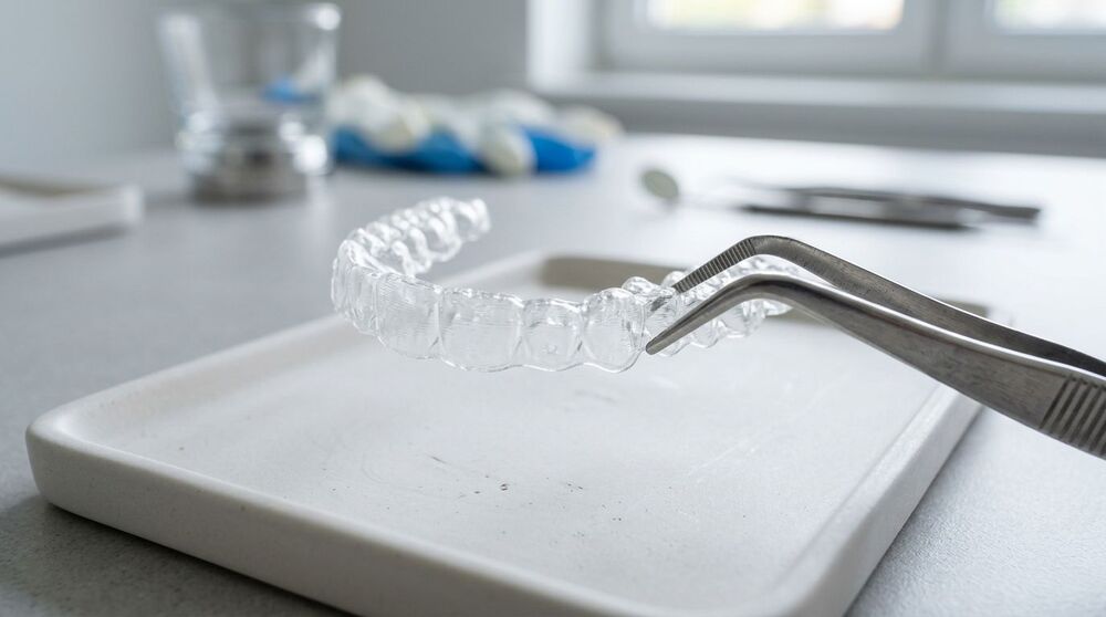 Alinhador dental transparente sendo manuseado com pinça