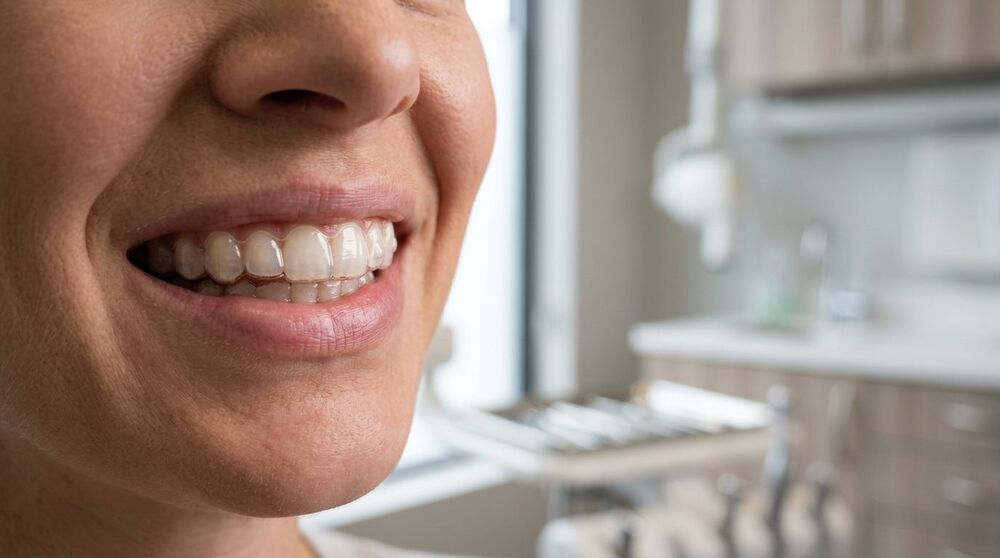 Sorriso saudável em consultório odontológico