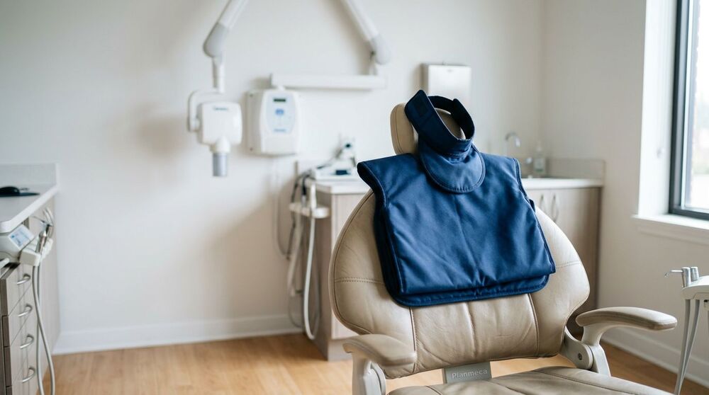 Cadeira de dentista com capa azul na clínica