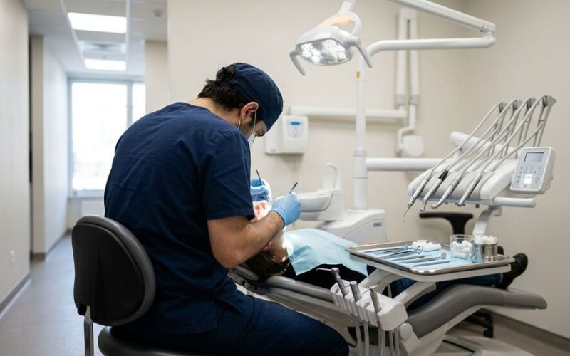 Profesional realizando procedimiento odontológico
