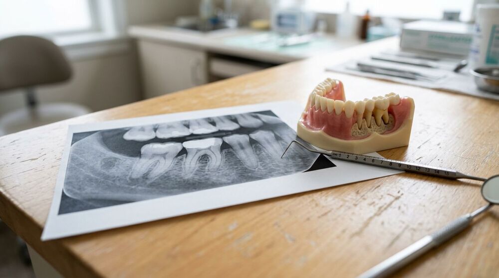 Modelos de dentes e radiografia odontológica.