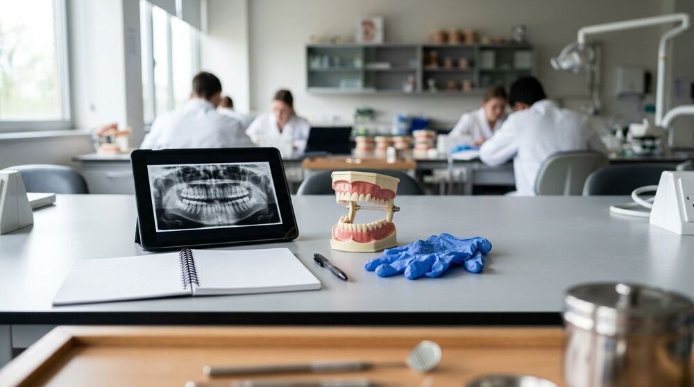 Sala de aula de odontologia com simulador de maxilar.