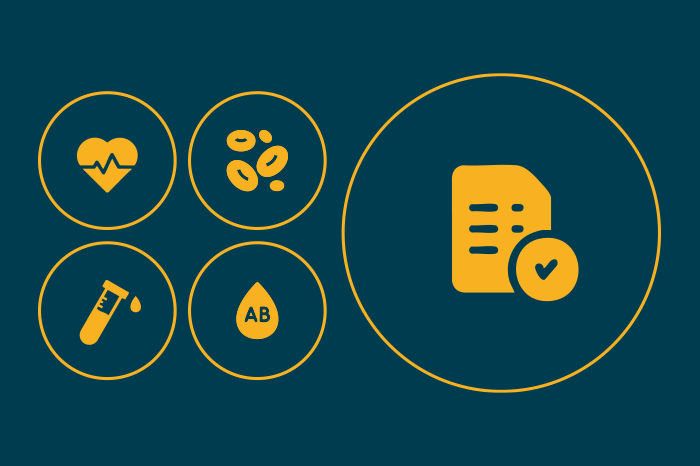 Imagem com coração, celulas, documentos, gota de sangue