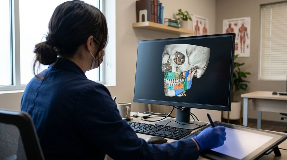 Profissional analisando imagem de crânio em computador