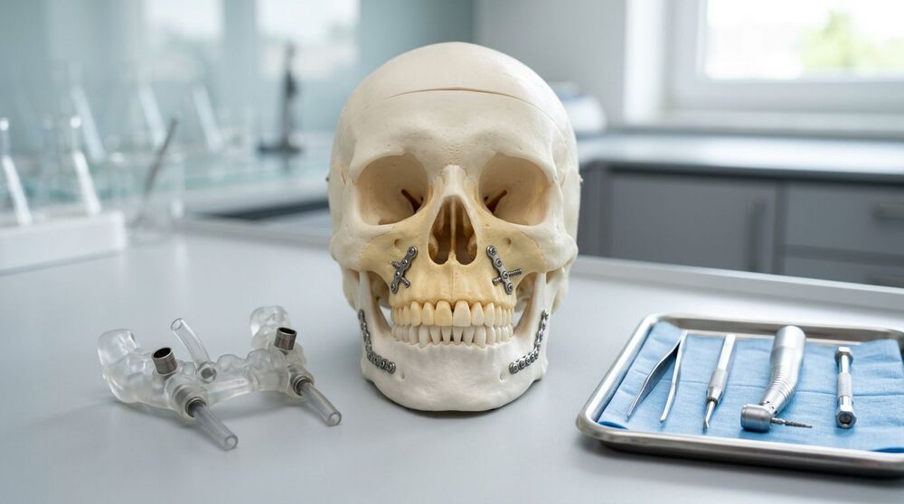 Cranio humano com instrumentos cirúrgicos ao lado