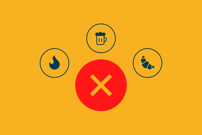 Banner com fundo amarelo com 1 bola vermelha com 1 X dentro e bolas com fogo,cerveja e solgado