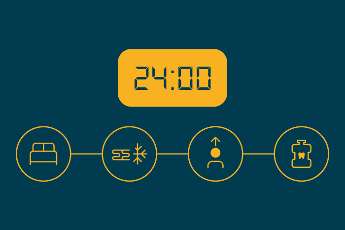 Imagem com fundo verde com relogio marcando 24:00 e bolinha interligadas de cama, agua