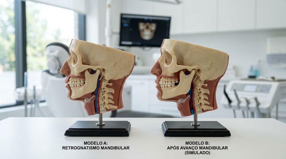Modelos de cabeça humana com retrognatismo e avanço mandibular