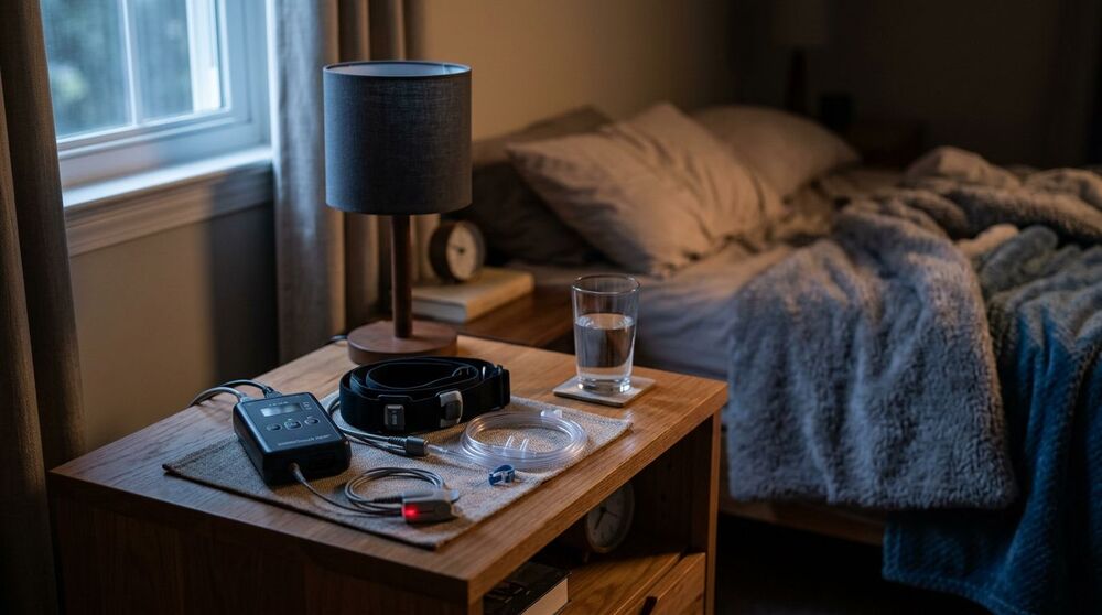 Mesa de cabeceira com luz, água e dispositivo médico.