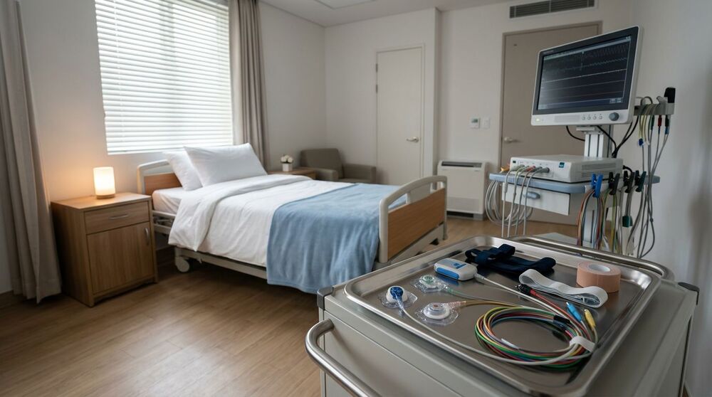 Quarto de hospital com cama e equipamentos médicos.