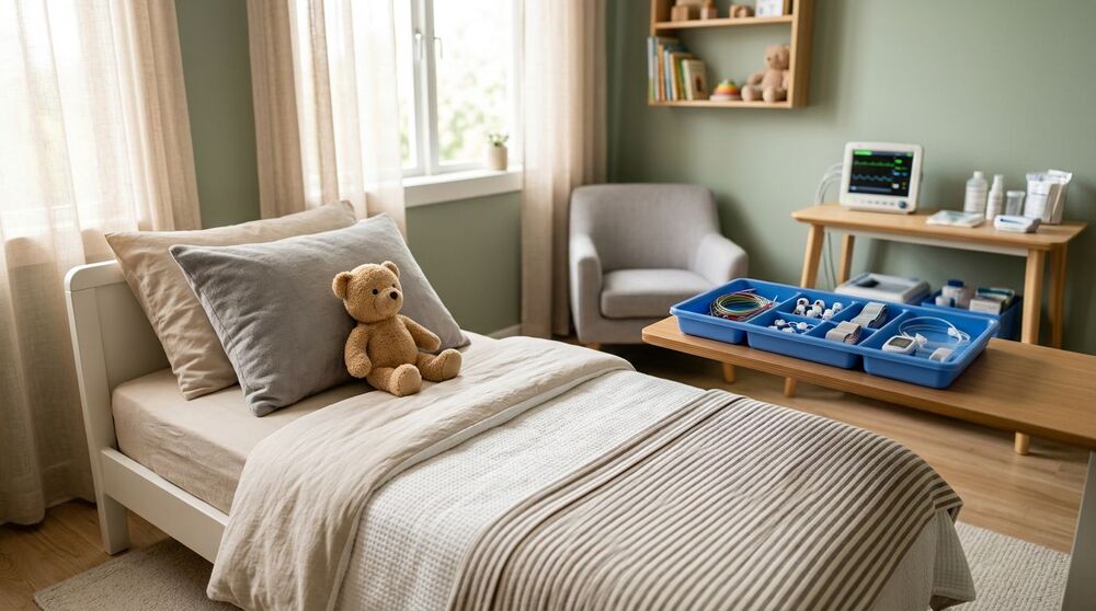 Quarto infantil com cama e brinquedos de pelúcia