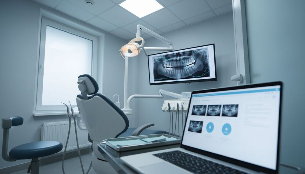 Consultório dentário moderno com equipamentos e radiografia.