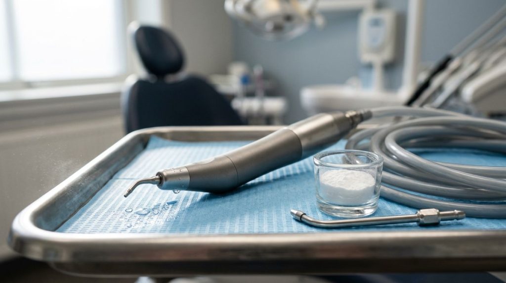 Equipamentos dentários em consultório odontológico.