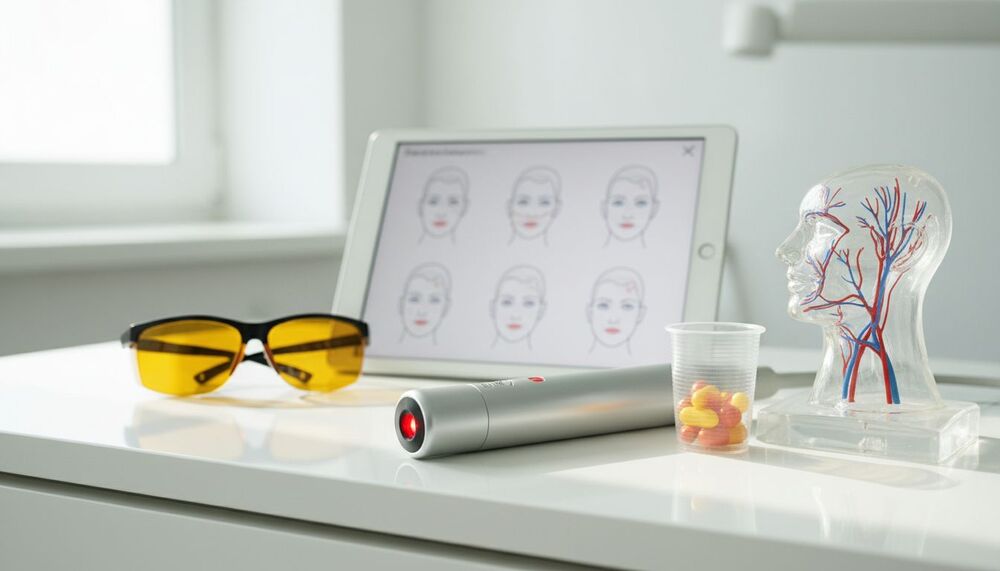 Equipamentos de estética: tablet, óculos e aparelho.