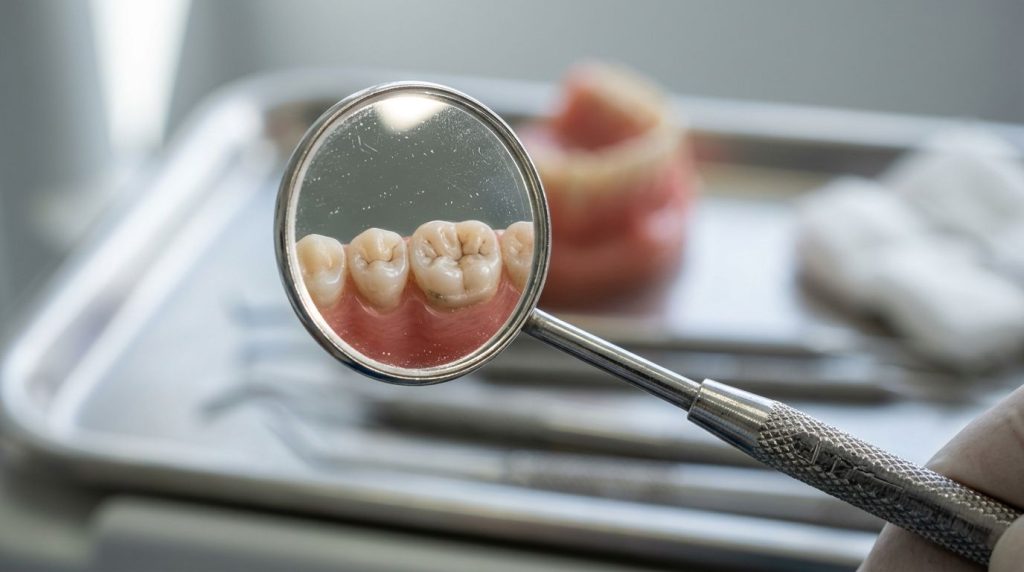 Espelho dentário refletindo dentes em modelo de prótese.Espelho dentário refletindo dentes em modelo de prótese.