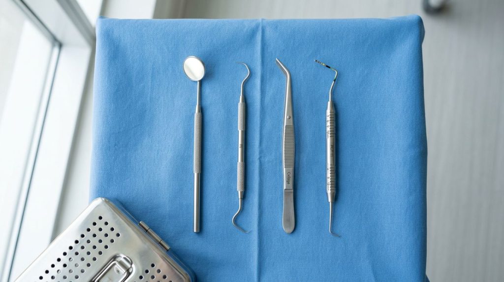 Instrumentos de odontologia sobre uma superfície azul