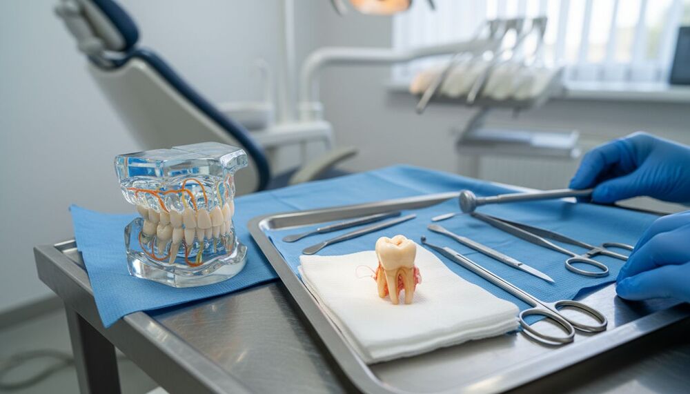 Modelo de dente e instrumentos de odontologia em consultório