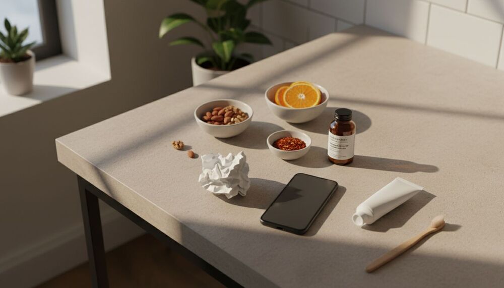 Mesa com telefone e snacks saudáveis