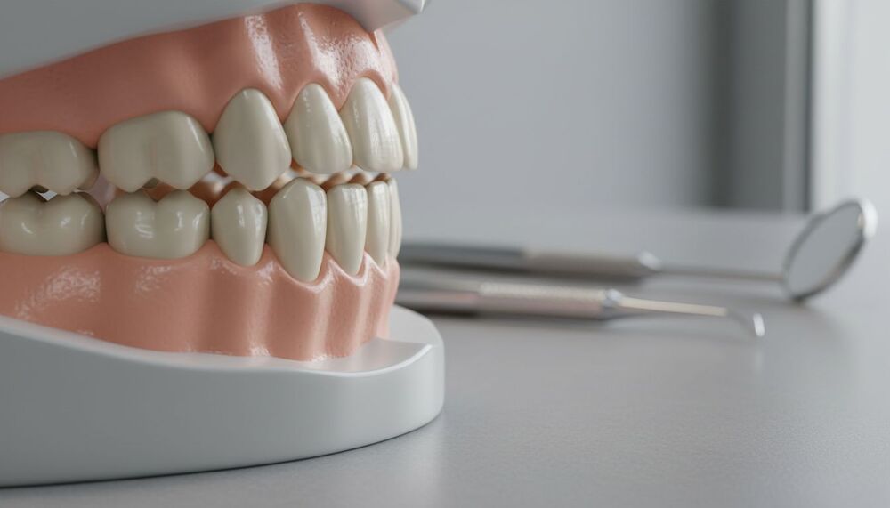 Modelo de dentes humanos com instrumentos odontológicos