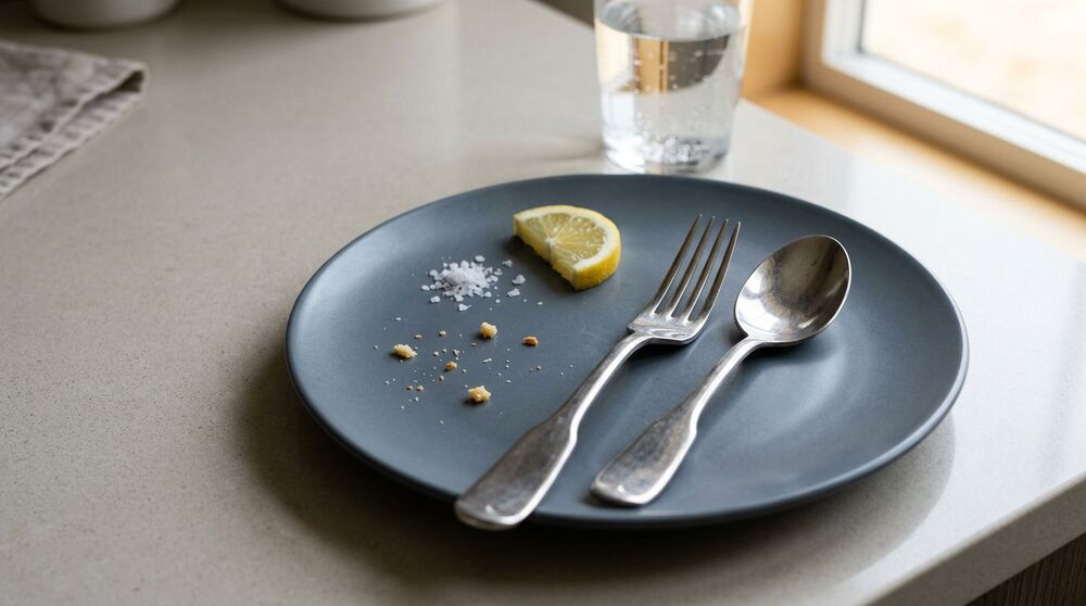 Prato cinza com limão, sal e utensílios de mesa