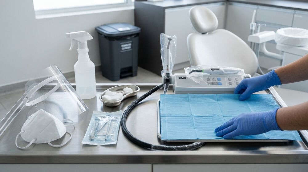 Mesa de dentista com equipamentos e materiais de higiene