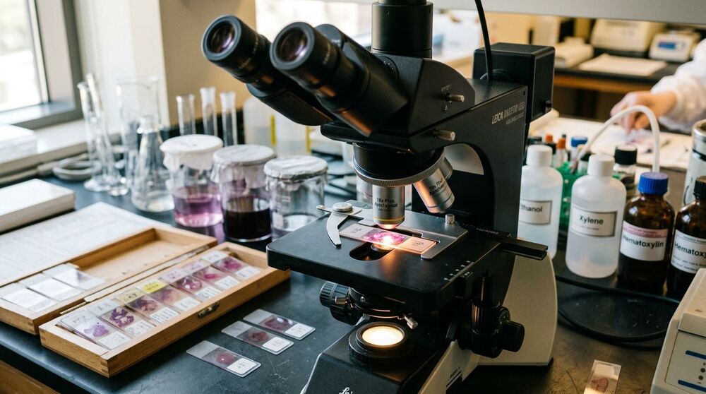 Microscópio em laboratório com amostras e reagentes