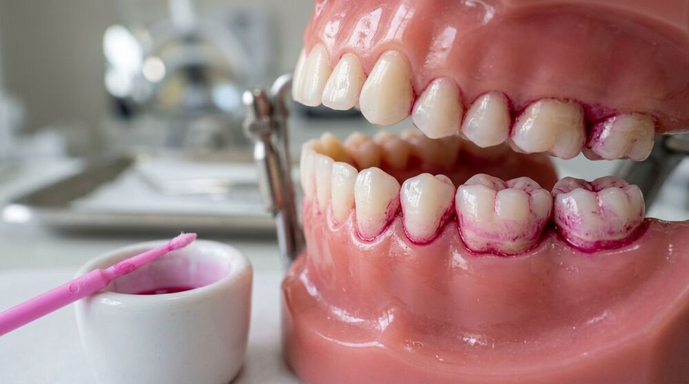 Modelo de mandíbula com dentes e escova dental ao lado