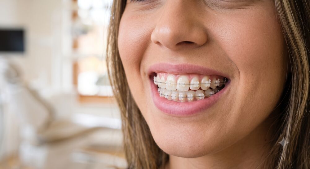 Mulher sorrindo com aparelho ortodontico transparente